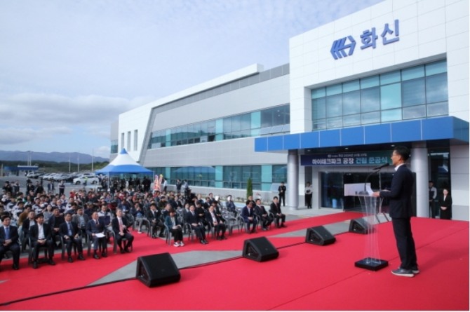 김병삼 영천시장이 대구경북경제자유구역청장 재임 당시인 2024년 10월 29일 영천하이테크파크지구 화신 전기차 부품공장 준공식에서 축사하고 있다. 사진=대구경북경제자유구역청