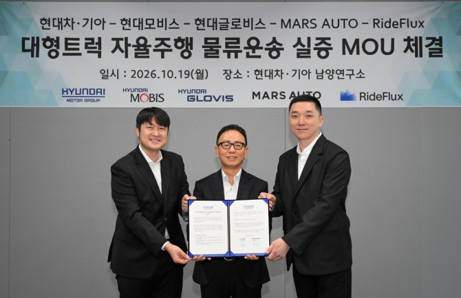 현대차·기아가 마스오토와 라이드플럭스의 자율주행 기술을 엑시언트 기반 실증 차량에 적용해 레벨 4 자율주행 대형트럭의 상용화 가능성을 검증한다. 박중희 라이드플럭스 대표(왼쪽부터), 박상현 현대차·기아 상용LCM담당 부사장, 박일수 마스오토 대표가 지난 19일 업무협약 체결 후 기념촬영을 하고 있다. 사진=현대차그룹