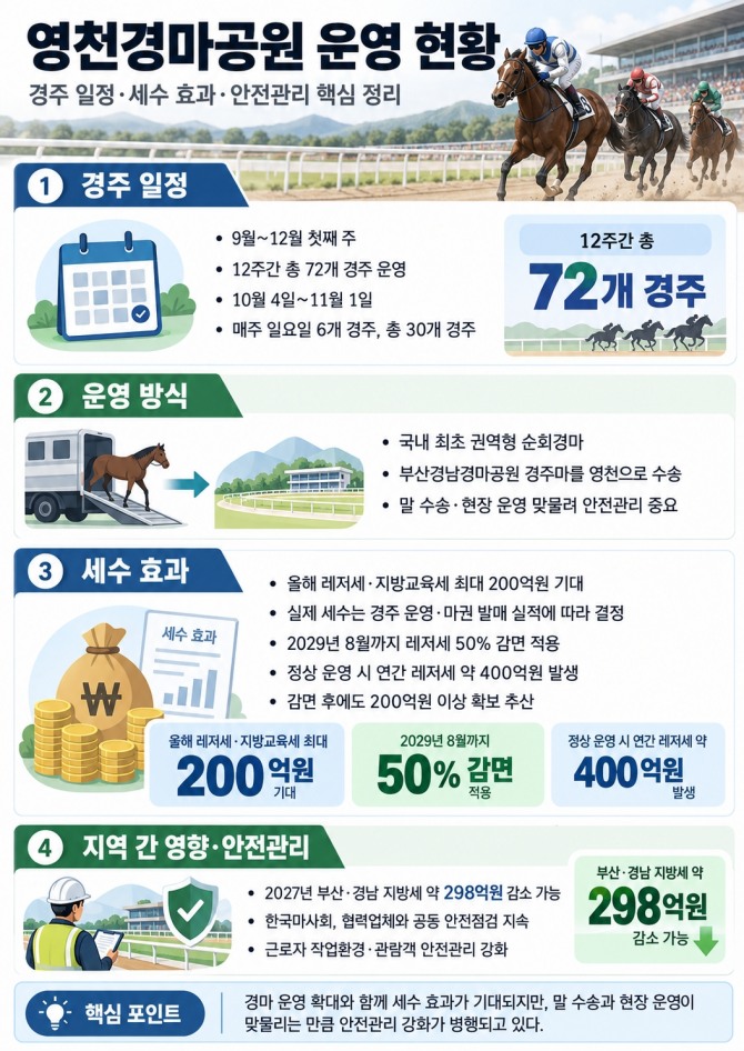 영천경마공원의 경주 일정과 운영 방식, 지방세 수입 전망 및 현장 안전관리 현황을 정리한 인포그래픽. 그래픽=AI생성